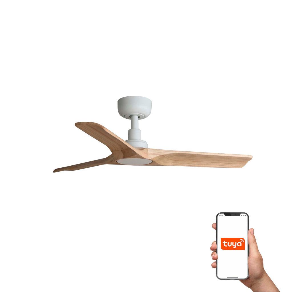 Ventilador de techo Heywood S blanco Tuya Smart de Faro modelo 33805WT con motor DC, madera de arce, función inversa para ventilación eficiente en el hogar