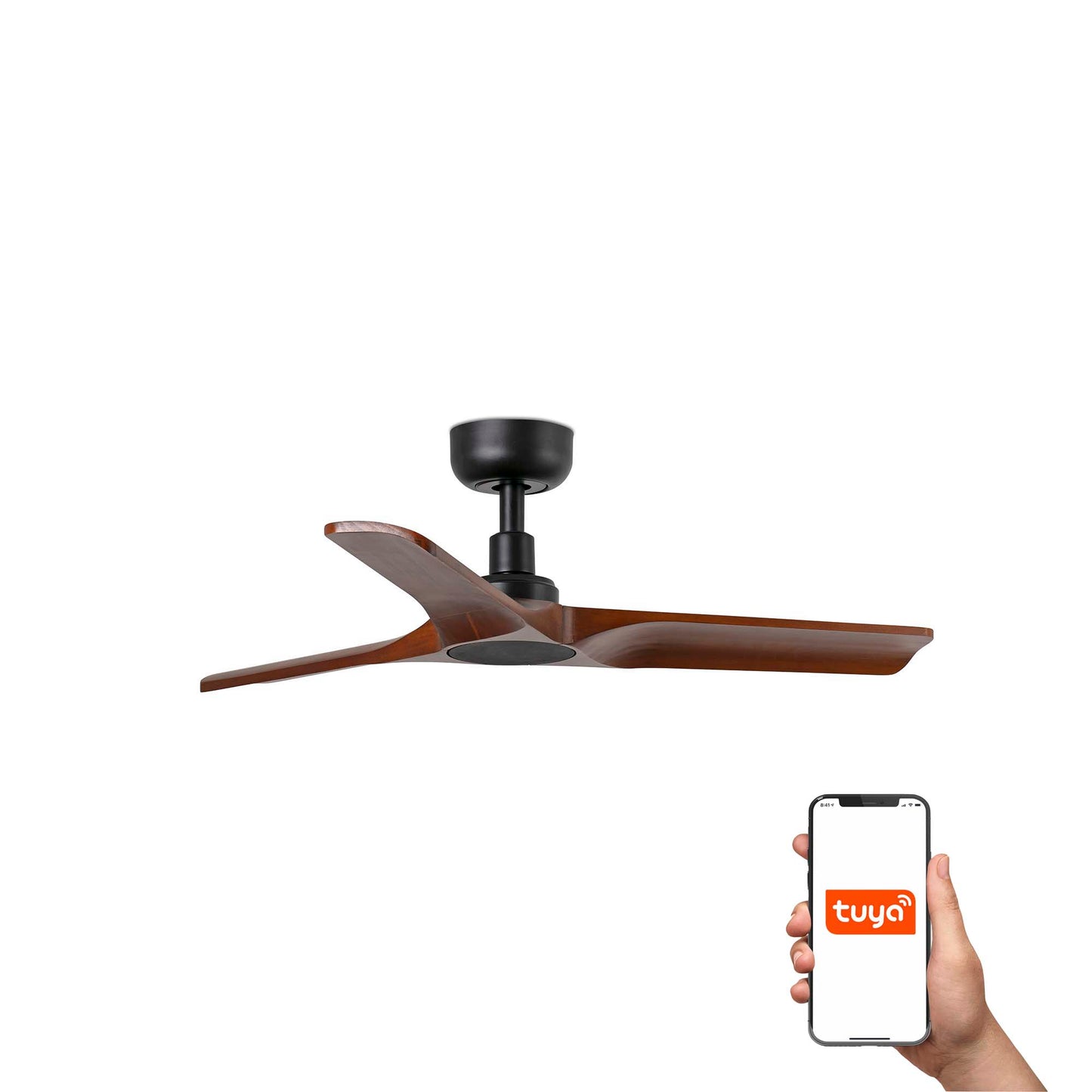 Ventilador de techo HEYWOOD S negro y nogal oscuro TUYA smart con motor DC, mando a distancia y función inversa - FARO 33806WT