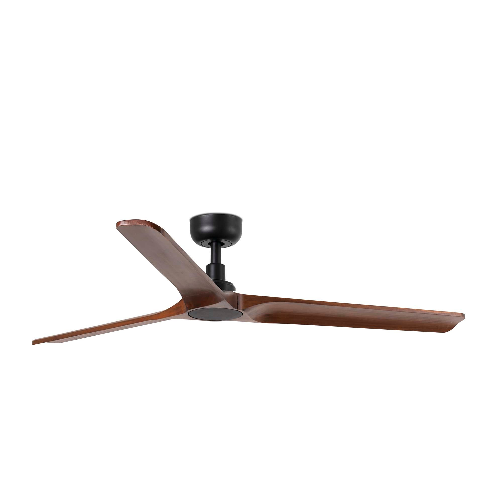 Ventilador de techo HEYWOOD L negro con madera oscura de FARO modelo 33809, diseño moderno sin luz para ventilación eficiente en verano, motor DC silencioso con mando a distancia y compatible con techos inclinados.