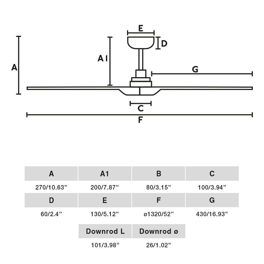 Diagrama de medidas del ventilador de techo LED HEYWOOD L blanco/pino TUYA FARO 33810WT-1TW, dimensiones Colección 3809, motor DC madera, ventilación smart hogar