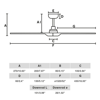 Diagrama de medidas del ventilador de techo LED HEYWOOD L blanco/pino TUYA FARO 33810WT-1TW, dimensiones Colección 3809, motor DC madera, ventilación smart hogar