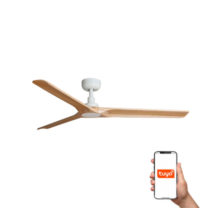 Ventilador de techo HEYWOOD L blanco y pino con motor DC, compatible Tuya Smart, modelo FARO 33810WT serie 3809 para ventilación eficiente en el hogar con madera natural