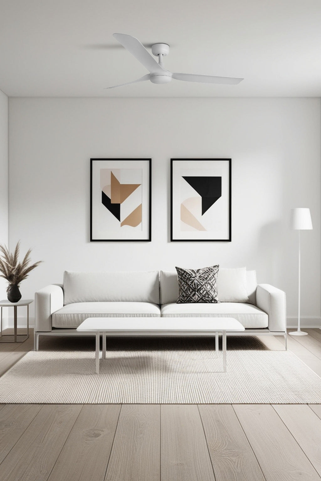 Ventilador de techo PUNT M blanco TUYA FARO modelo 33814WT en ambiente hogareño inteligente, diseño minimalista con motor DC, función inversa y ventilación smart para hogar conectado.