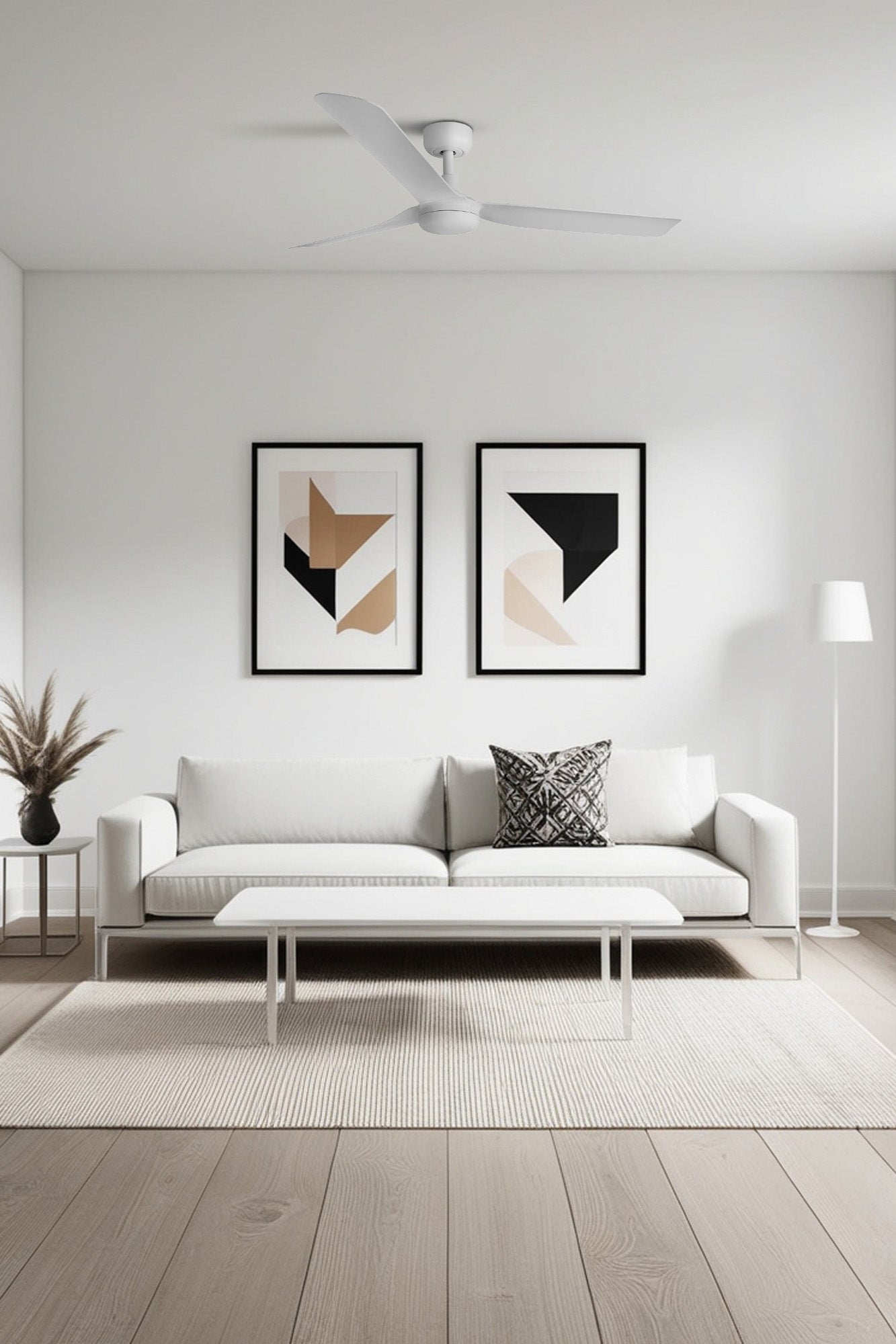 Ventilador de techo PUNT M blanco TUYA FARO modelo 33814WT en ambiente hogareño inteligente, diseño minimalista con motor DC, función inversa y ventilación smart para hogar conectado.