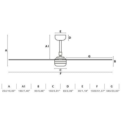 Diagrama de medidas y dimensiones del ventilador de techo PUNT M blanco TUYA FARO 33814WT, motor DC inverso, diseño minimalista para ventilación smart en hogar inteligente