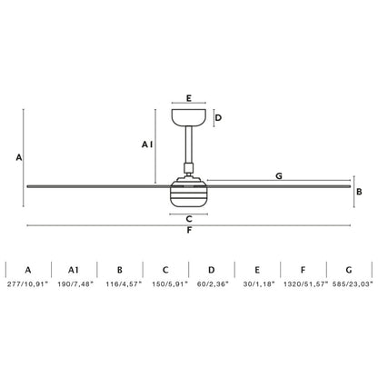 Diagrama de medidas del ventilador de techo PUNT M LED Negro/Nogal TUYA FARO 33815WT-21, con luz LED integrada, motor DC, diseño minimalista en negro mate para hogar inteligente y ventilación smart.