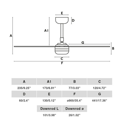 Diagrama de medidas del Ventilador de Techo MINI PUNT S Blanco TUYA FARO 33820WT, ventilador de techo smart sin luz con motor DC, diseño minimalista para ventilación en hogar inteligente