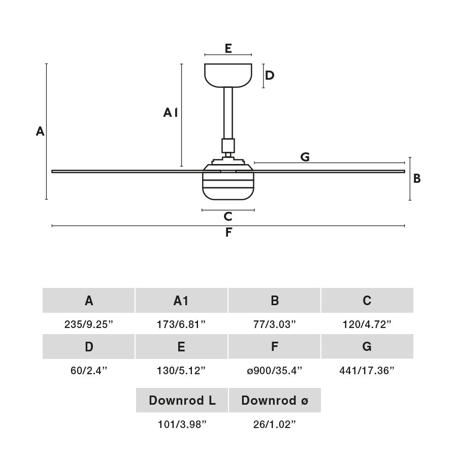 Diagrama de medidas del ventilador de techo MINI PUNT S Blanco WIZ FARO 33820WW: diámetro de aspas, altura total, motor DC silencioso con función inversa y mando a distancia para ventilación en hogar