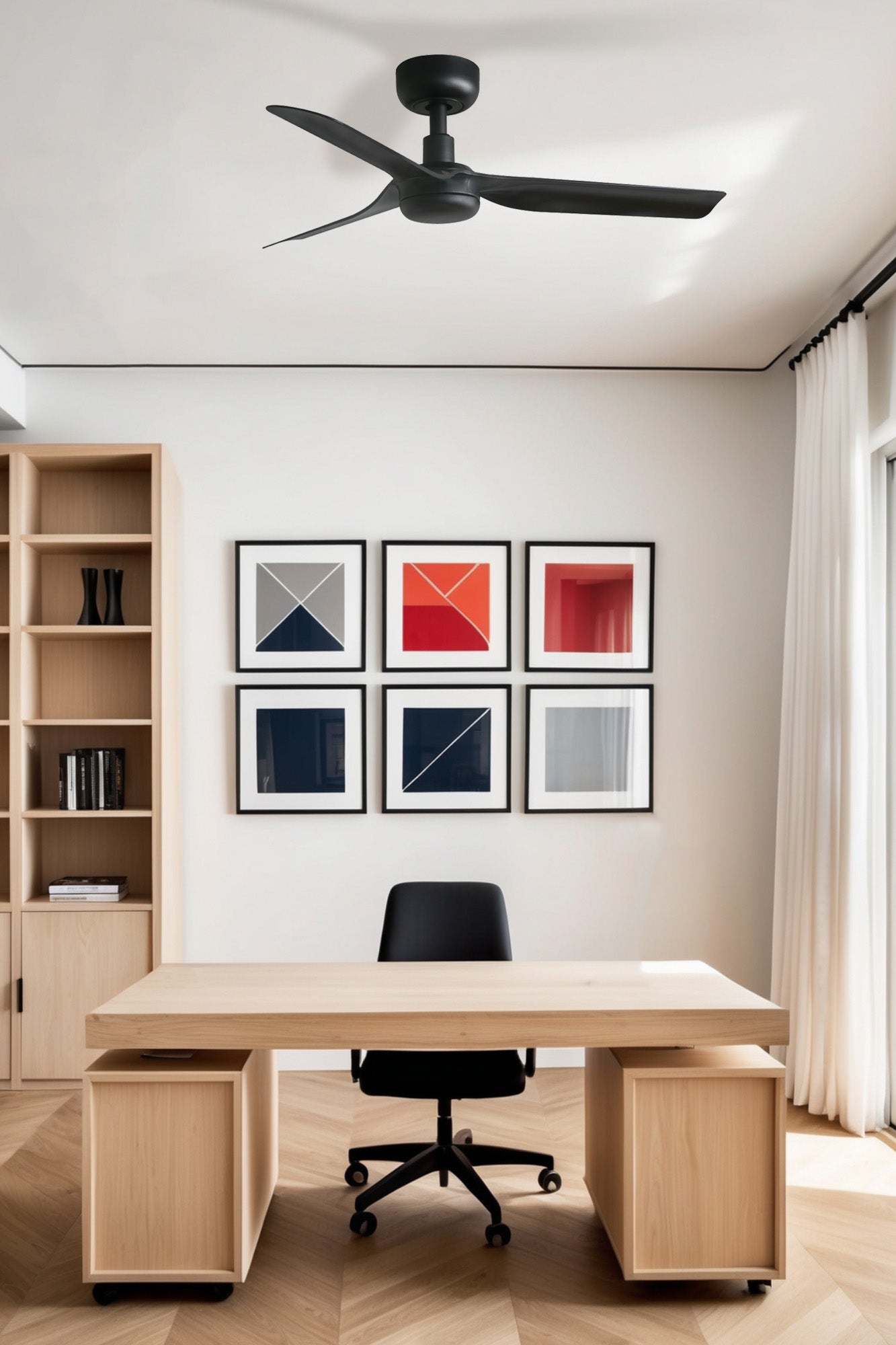 Ventilador de techo MINI PUNT S negro mate/nogal TUYA smart de FARO (33822WT) en ambiente hogareño, ventilación refrescante para verano con mando a distancia incluido