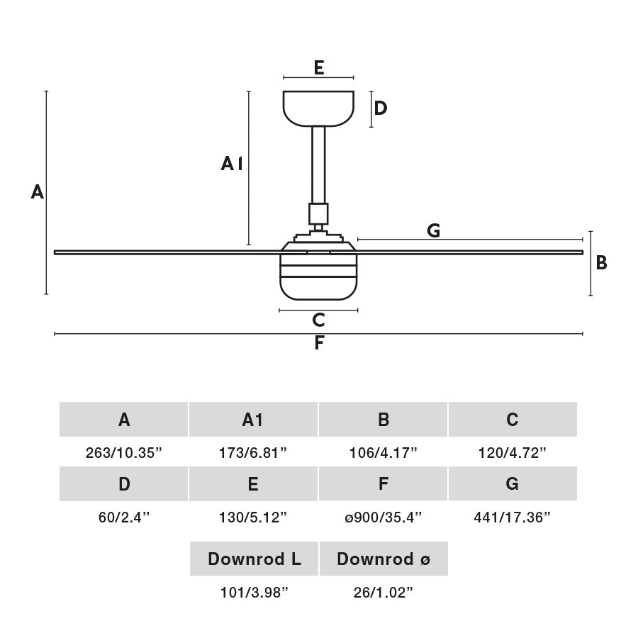Diagrama de medidas del ventilador de techo LED MINI PUNT S negro mate FARO 33822WW-1TW: dimensiones de aspas, altura, diámetro para techos inclinados, motor DC, luz regulable y mando a distancia para ventilación y confort doméstico