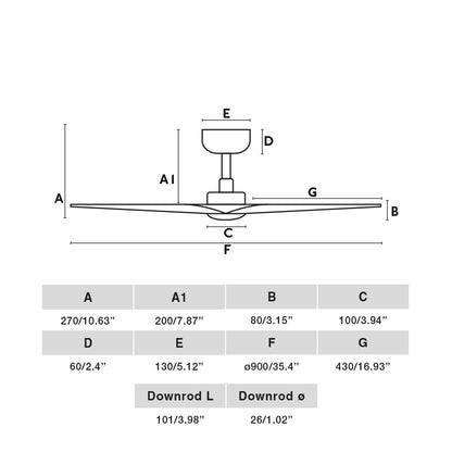 Medidas dimensionales del ventilador de techo HEY S LED blanco Tuya Smart FARO 33824WT-1TW, ventilación hogar inteligente con luz LED regulable y motor DC