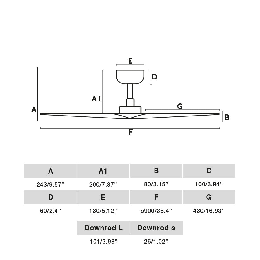 Diagrama de medidas del Ventilador de Techo HEY S Blanco Mate TUYA FARO 33824WT, dimensiones de diámetro 132 cm, altura total 25 cm, distancia al techo y motor DC para ventilación smart en hogar interior sin luz, Colección 3330