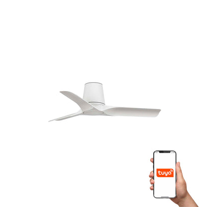 Ventilador de techo HEY TUB S blanco y madera clara FARO 33826WT, motor DC silencioso sin luz, compatible Smart Tuya, ventilación plafón ideal para hogar.