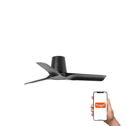 Ventilador de techo HEY TUB S negro mate y madera oscura FARO 33827WT, motor DC, 6 velocidades, plafón sin luz, compatible Smart Tuya para ventilación eficiente