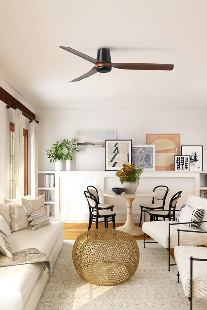 Ambiente de ventilador de techo PUNT TUB M negro/nogal smart TUYA FARO modelo 33831WT, diseño minimalista con motor DC reversible y plafón para ventilación en salón moderno