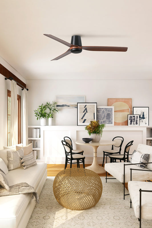 Ambiente de ventilador de techo PUNT TUB M negro/nogal smart TUYA FARO modelo 33831WT, diseño minimalista con motor DC reversible y plafón para ventilación en salón moderno