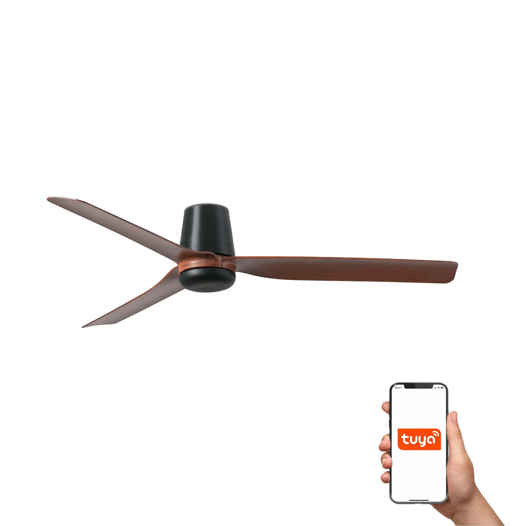 Ventilador de techo PUNT TUB M negro/nogal con tecnología smart Tuya, motor DC reversible, diseño minimalista plafón de FARO modelo 33831WT para ventilación eficiente.