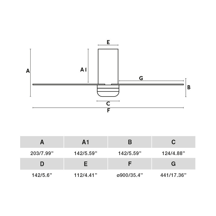 Diagrama de medidas del Ventilador de Techo MINI PUNT TUB S Blanco TUYA FARO 33832WT, Colección 3319, motor DC, diseño moderno en ABS para ventilación smart en hogar