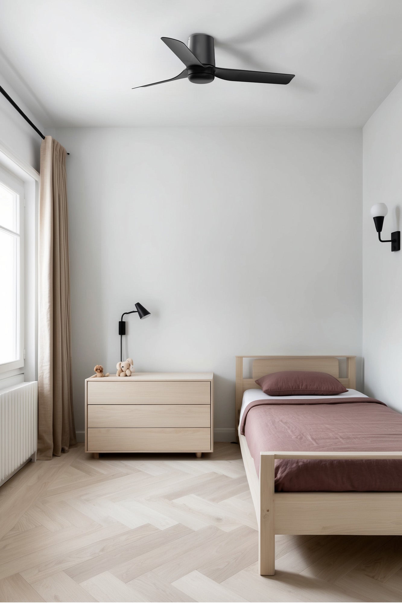 Ventilador de techo Mini Punt Tub S Negro WIZ FARO 33834WW en ambiente hogareño, negro mate ABS con motor DC, mando a distancia, función inversa y 6 velocidades para ventilación en verano e invierno.