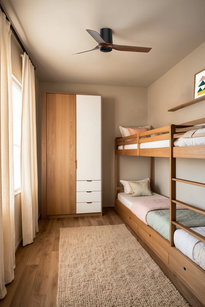 Ambiente de ventilador de techo MINI PUNT TUB S Negro/Nogal de Faro (33835WW), motor DC con 6 velocidades y mando a distancia, diseño moderno para ventilación interior en el hogar