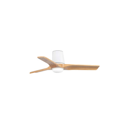 Ventilador de techo HEYWOOD TUB LED S en blanco y pino natural, modelo 33836-1TW de FARO con luz LED regulable, motor DC eficiente, diseño plafón moderno en madera FSC para ventilación óptima en interiores.