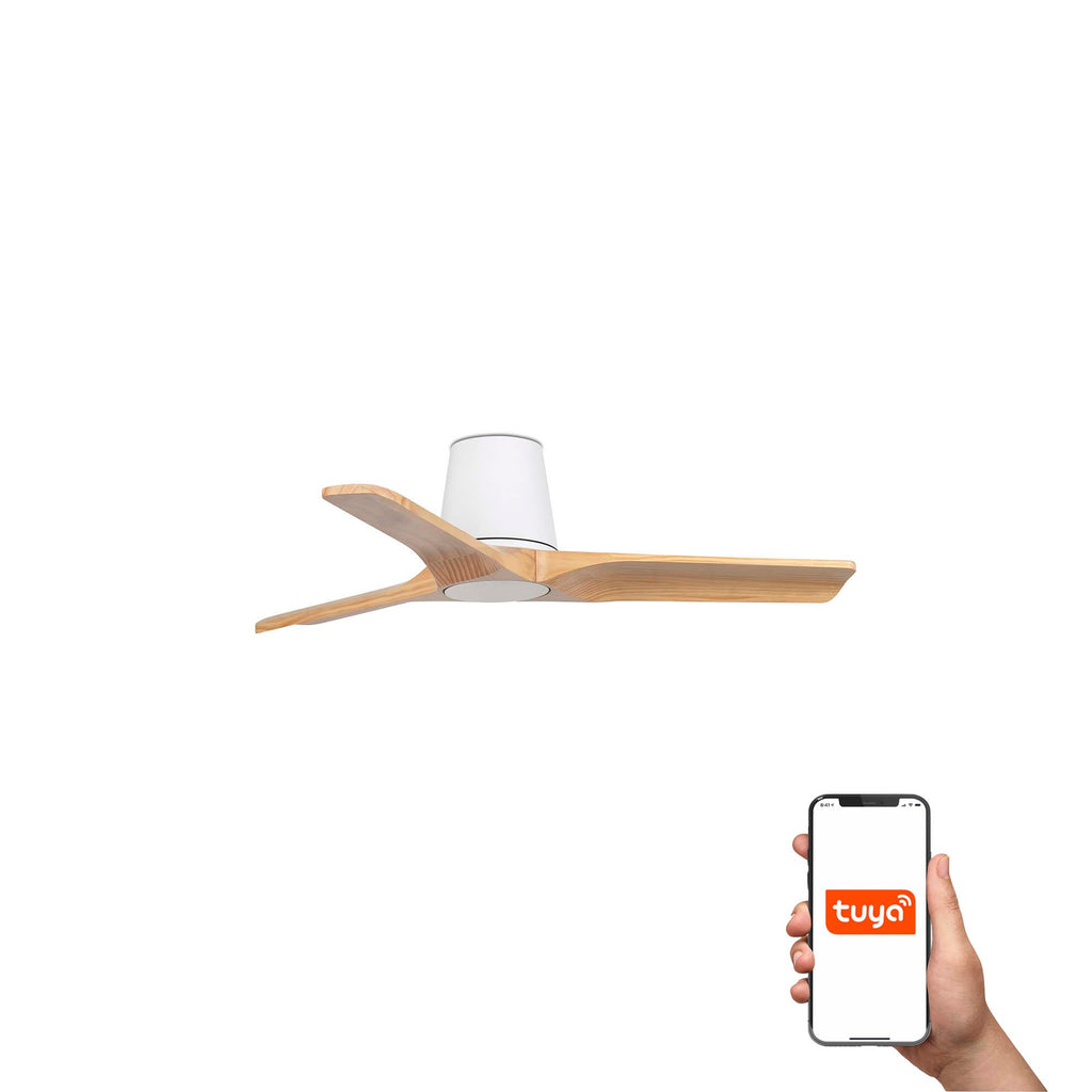 Ventilador de techo Heywood Tub S blanco y pino FARO 33836WT con motor DC, compatible con smart Tuya para ventilación y hogar inteligente en madera pino