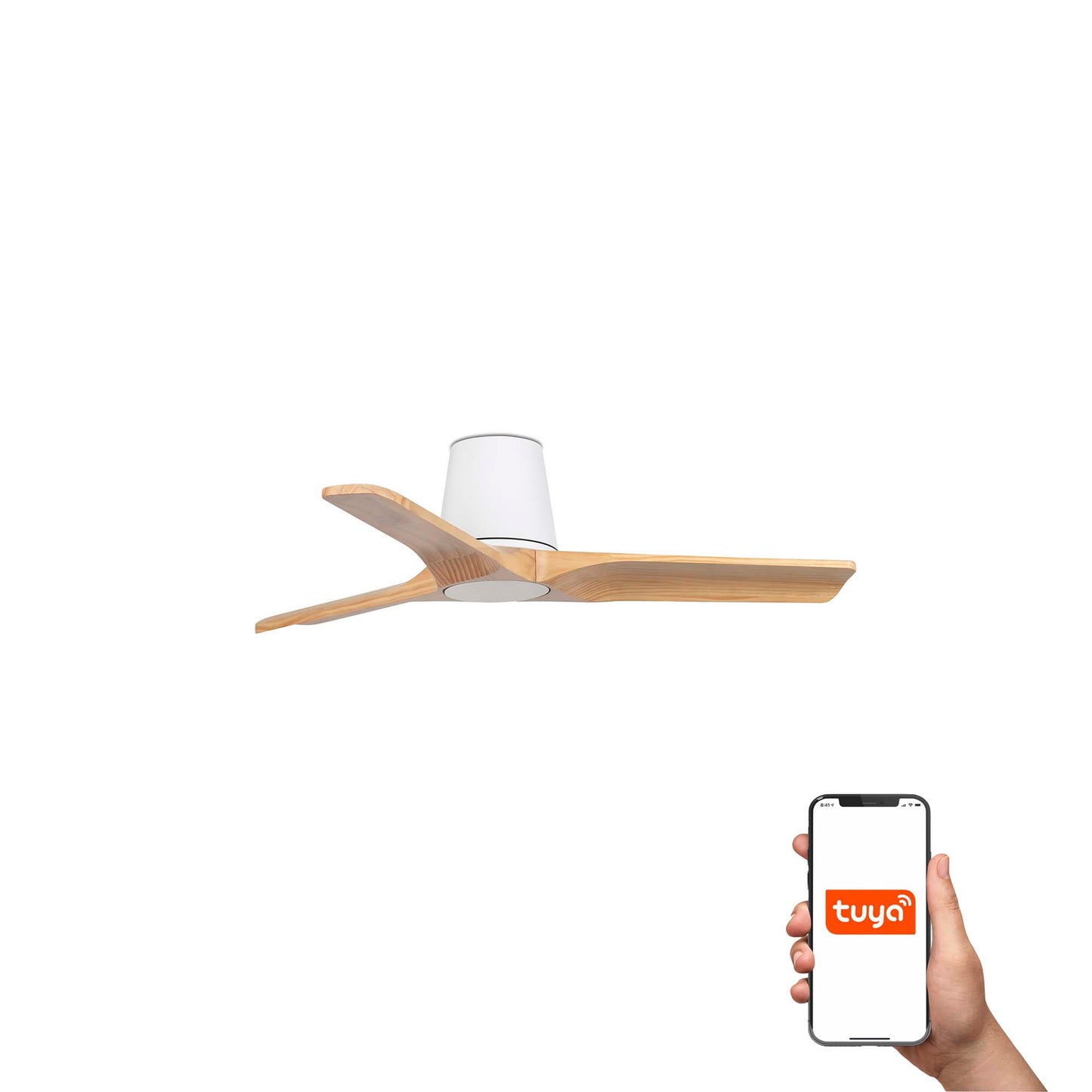 Ventilador de techo Heywood Tub S blanco y pino FARO 33836WT con motor DC, compatible con smart Tuya para ventilación y hogar inteligente en madera pino