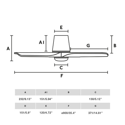Diagrama de medidas del ventilador de techo Heywood Tub S con luz LED integrada, modelo negro mate y nogal oscuro de FARO (ref. 33837WT-1TW), ventilación smart Tuya, madera pino, plafón interior.