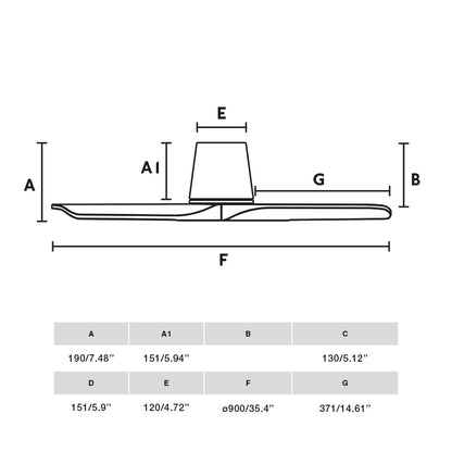 Diagrama de dimensiones y medidas del ventilador de techo HEYWOOD TUB S en negro/nogal de FARO, modelo 33837WT serie 3809, con ventilación smart TUYA, madera de pino FSC certificado para hogar inteligente.