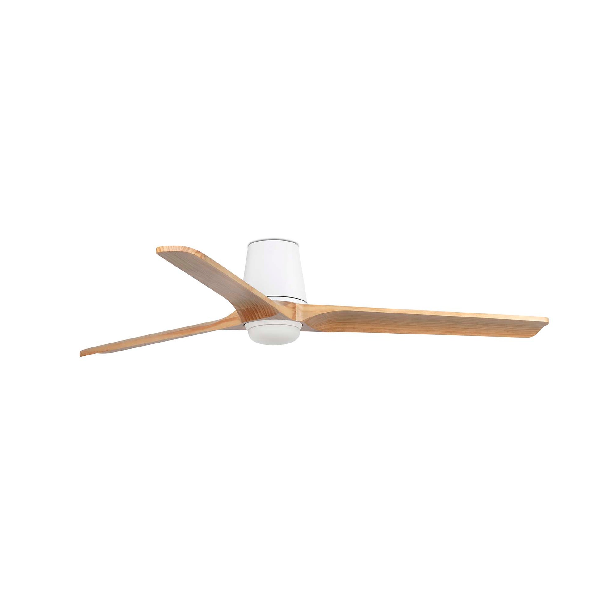 Ventilador de techo HEYWOOD TUB LED L blanco con detalles en pino de la colección FARO 33838-1TW, equipado con luz LED integrada, motor DC eficiente, mando a distancia y diseño moderno en madera FSC para ventilación óptima en interiores.