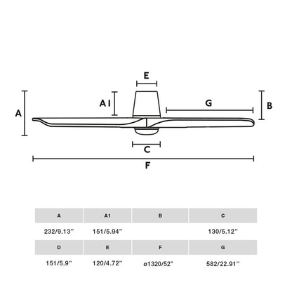 Medidas y dimensiones del Ventilador de Techo LED Heywood Tub L Blanco/Pino FARO 33838WT-1TW, con luz LED inteligente Tuya Smart Home, madera sostenible FSC y ventilación eficiente