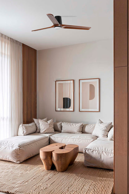 Ventilador de techo LED Heywood Tub L negro/nogal con luz integrada y control smart TUYA de FARO (modelo 33839WT-1TW), diseño moderno en madera de nogal para ventilación y hogar inteligente en ambiente acogedor