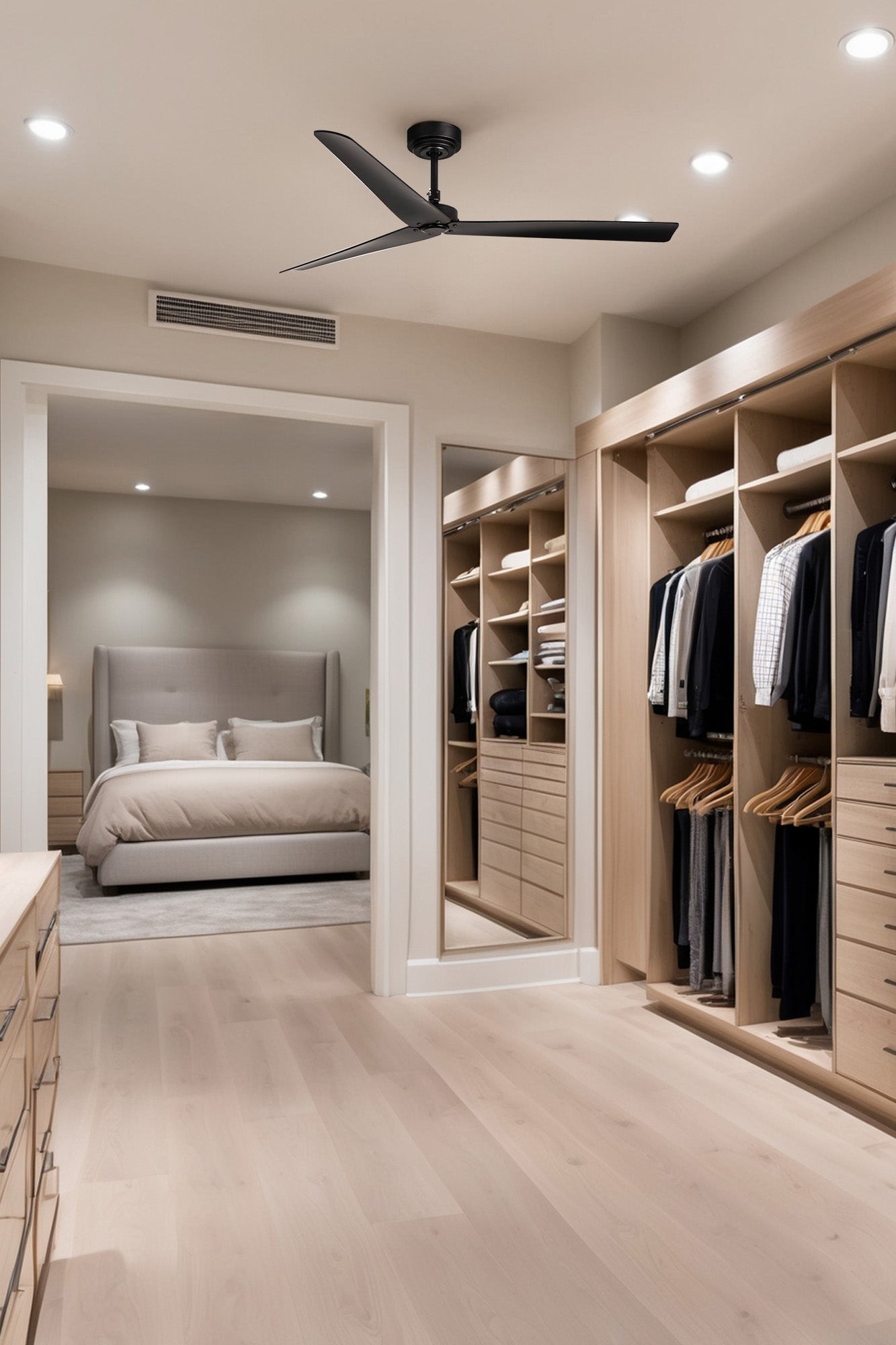 Ventilador de techo negro MILOS L WIZ de FARO modelo 34100WW en ambiente hogareño, con motor DC silencioso, mando a distancia, 6 velocidades, función inversa y apto para techos inclinados, ideal para ventilación eficiente.