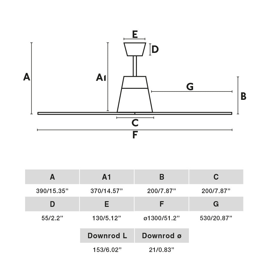 Diagrama de medidas y dimensiones del ventilador de techo TYPHOON M blanco y madera de FARO modelo 34105WW, motor DC sin luz, IP44 con función inversa y mando a distancia para ventilación en hogar u oficina