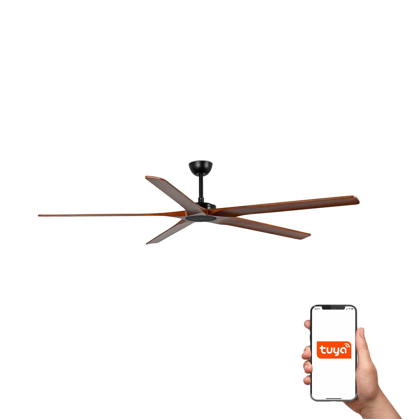 Ventilador de techo BIGWOOD 20 XL en negro/nogal de FARO modelo 34190WT, con palas de madera FSC, motor DC eficiente y compatibilidad smart Tuya para ventilación en hogar inteligente.