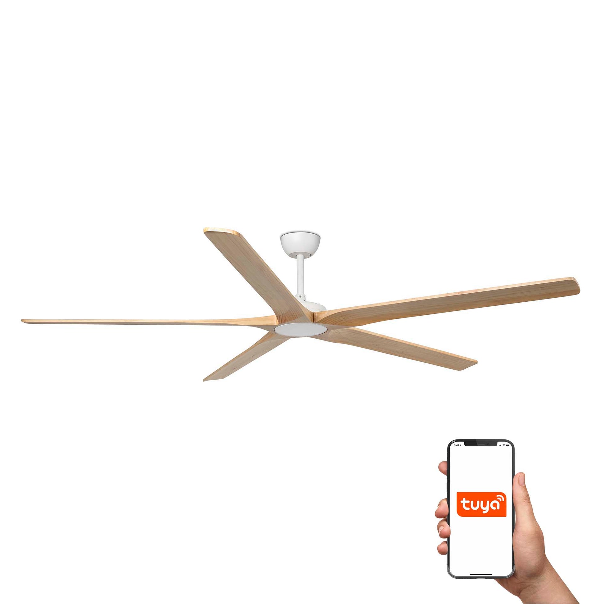 Ventilador de techo BIGWOOD 20 XL blanco/pino FARO modelo 34191WT con motor DC, función inversa, compatible smart Tuya y ventilación para hogar en madera pino