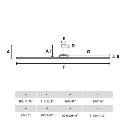 Ventilador de techo BIGWOOD 24 XXL en negro y nogal de FARO modelo 34192, imagen de medidas y dimensiones para grandes espacios con motor DC ecológico y 6 velocidades, ventilación en madera FSC