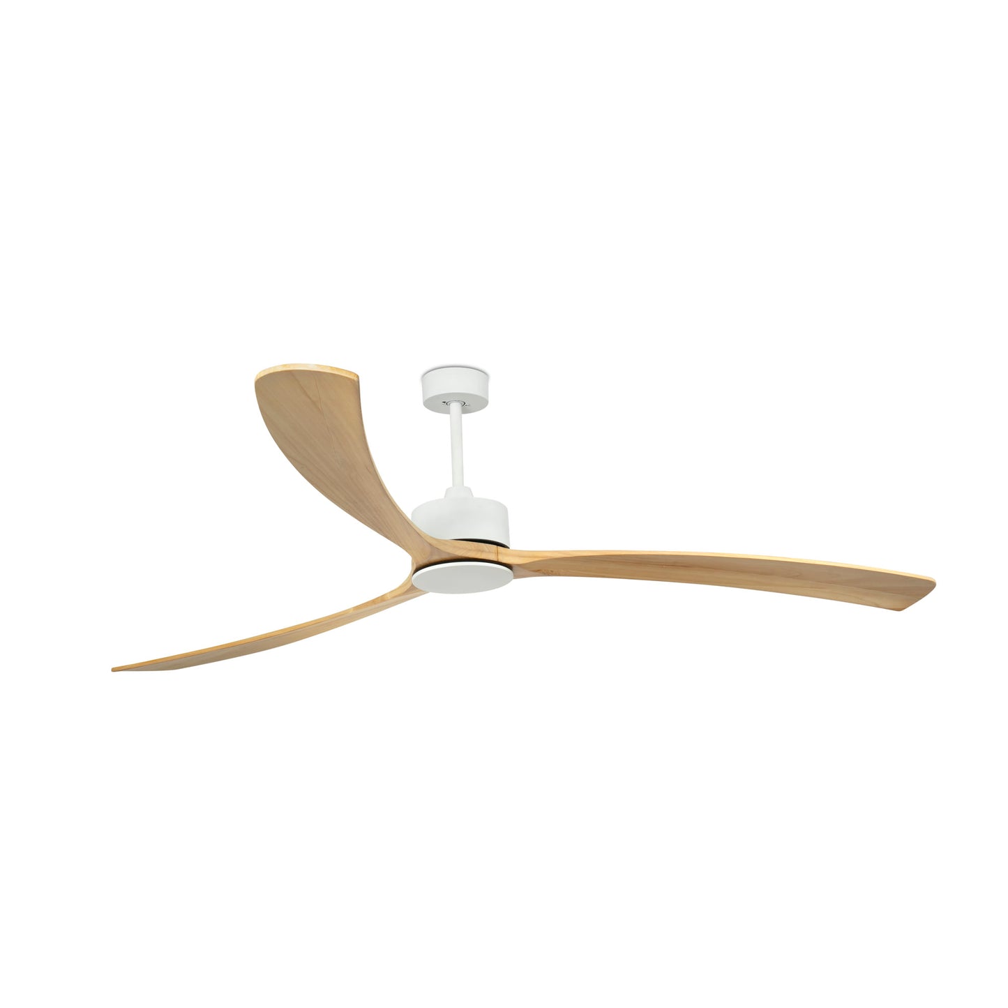 Ventilador de techo KAUAI XXL blanco modelo 34201A de FARO, con aspas de madera y estructura de acero, motor DC eficiente para grandes espacios, ventilación óptima y función inversa para invierno.