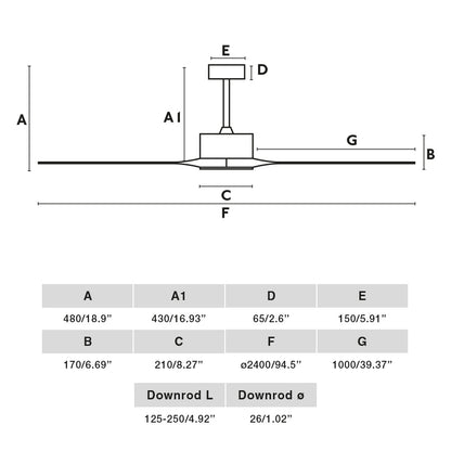 Diagrama de medidas del ventilador de techo KAUAI XXL blanco FARO modelo 34201A, con dimensiones detalladas en diámetro de aspas de madera, altura total, motor DC de acero y diseño para grandes espacios con función inversa.