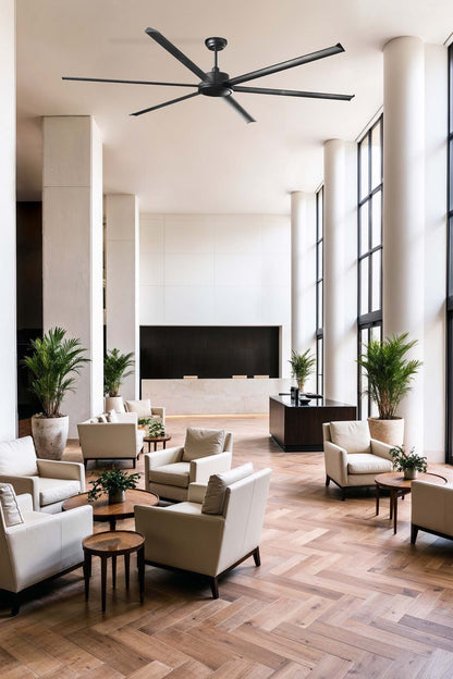 Ventilador de techo ROTTERDAM 25 XXL negro de FARO modelo 34207 en ambiente moderno, ventilación eficiente con motor DC y 6 velocidades, mando a distancia incluido, ideal para espacios grandes sin luz integrada