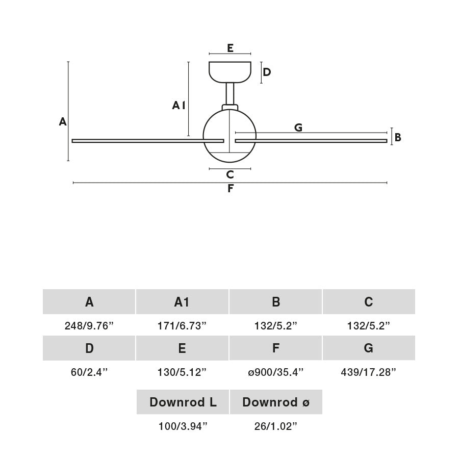 Medidas y dimensiones del ventilador de techo SFERA S negro TUYA FARO 34271WT, diseño minimalista en acero y ABS, sin luz, motor DC, control remoto incluido para ventilación eficiente