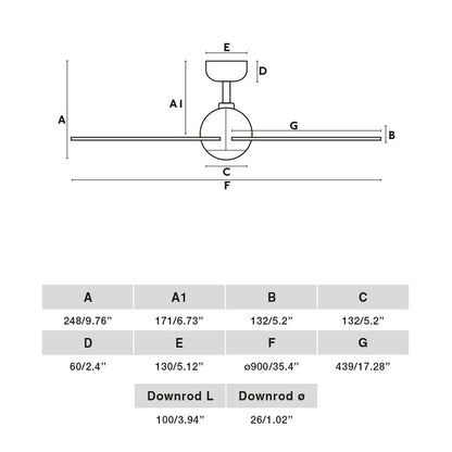 Diagrama de dimensiones del ventilador de techo SFERA S en negro mate WIZ de FARO modelo 34271WW, con motor DC silencioso y función inversa