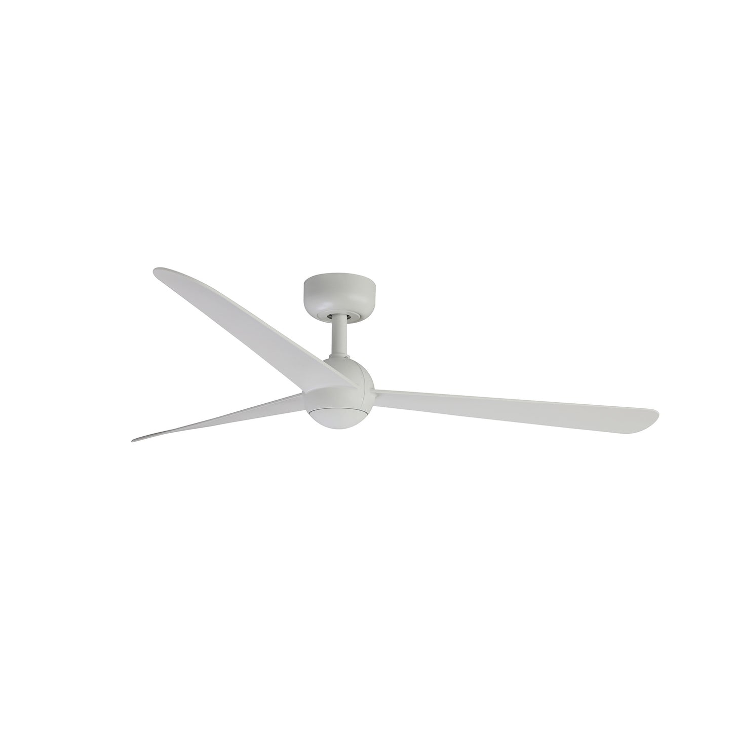 Ventilador de techo SFERA M blanco modelo 34272 de FARO con motor DC eficiente, función inversa para invierno, mando a distancia y compatibilidad con techos inclinados, ideal para ventilación de bajo consumo en hogares modernos.
