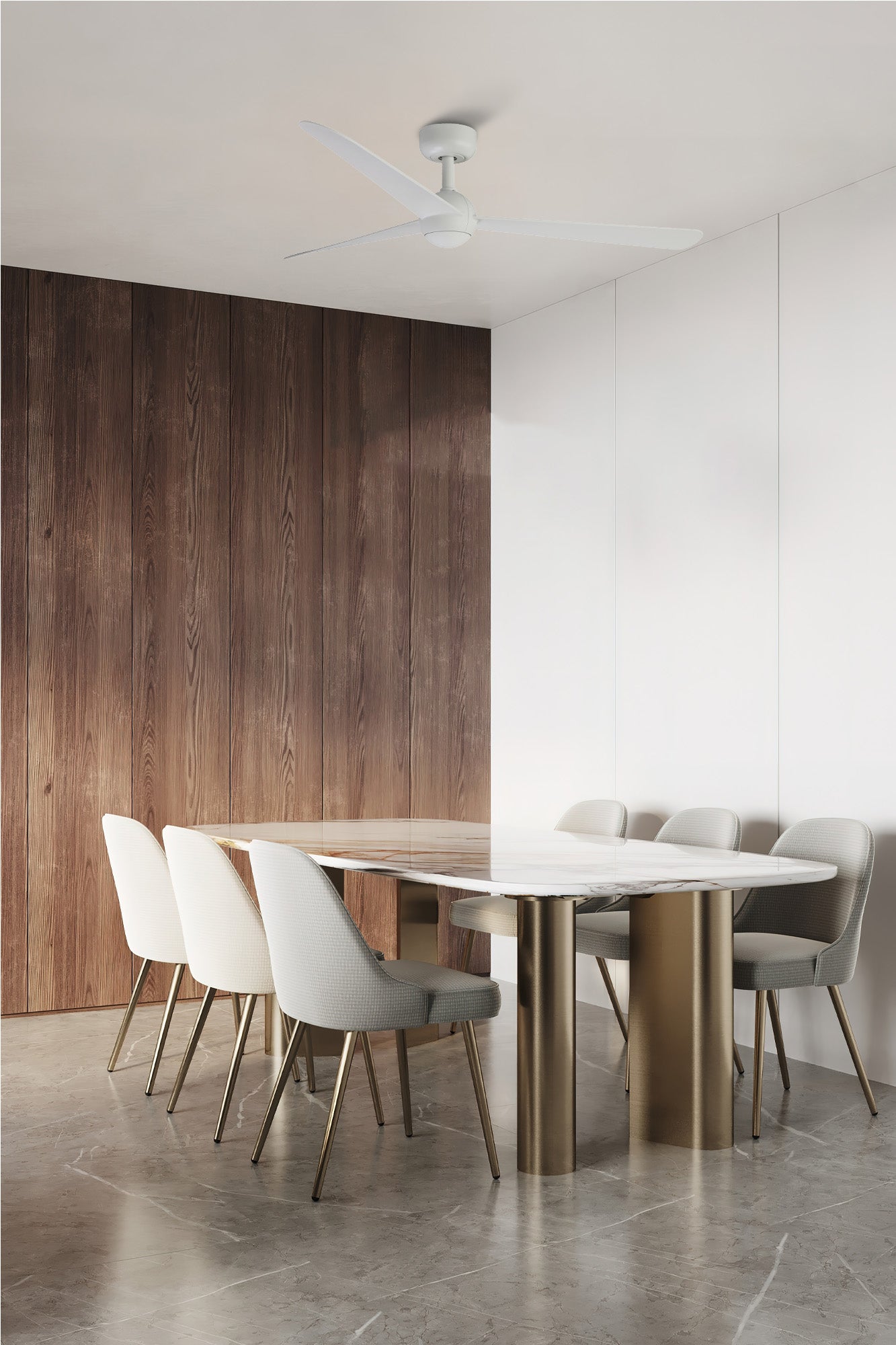 Ventilador de techo SFERA M blanco sin luz FARO modelo 34272WT, smart compatible con TUYA, motor DC minimalista para techos inclinados, en ambiente moderno de ventilación eficiente.