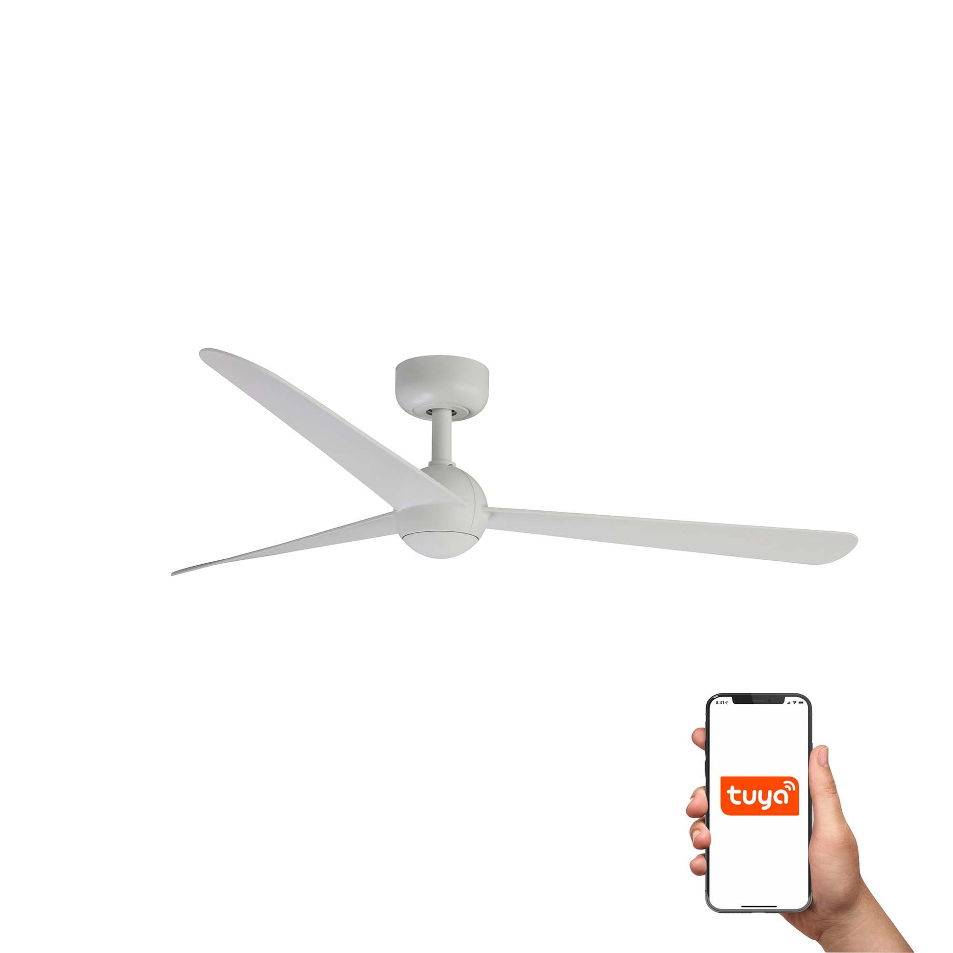 Ventilador de techo SFERA M blanco TUYA Smart, marca FARO modelo 34272WT, motor DC minimalista sin luz para techos inclinados y ventilación eficiente