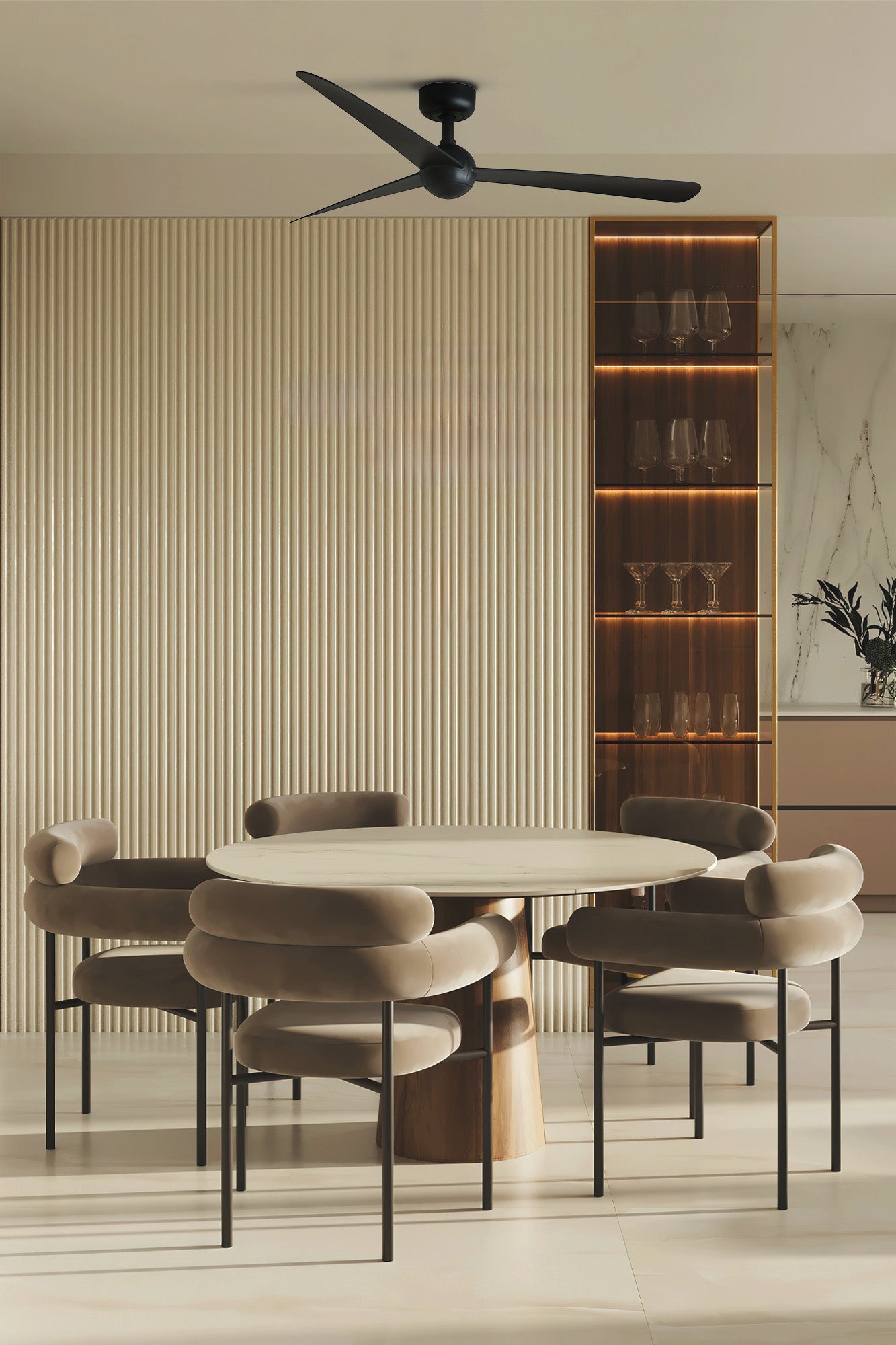 Ventilador de techo SFERA M negro FARO 34273WT con Tuya, motor DC sin luz, diseño minimalista en ambiente smart home de sala moderna.