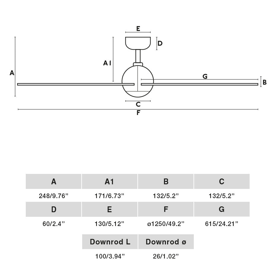 Diagrama de medidas y dimensiones del Ventilador de Techo SFERA M Negro TUYA FARO modelo 34273WT, ventilador minimalista sin luz con motor DC para ventilación en smart home