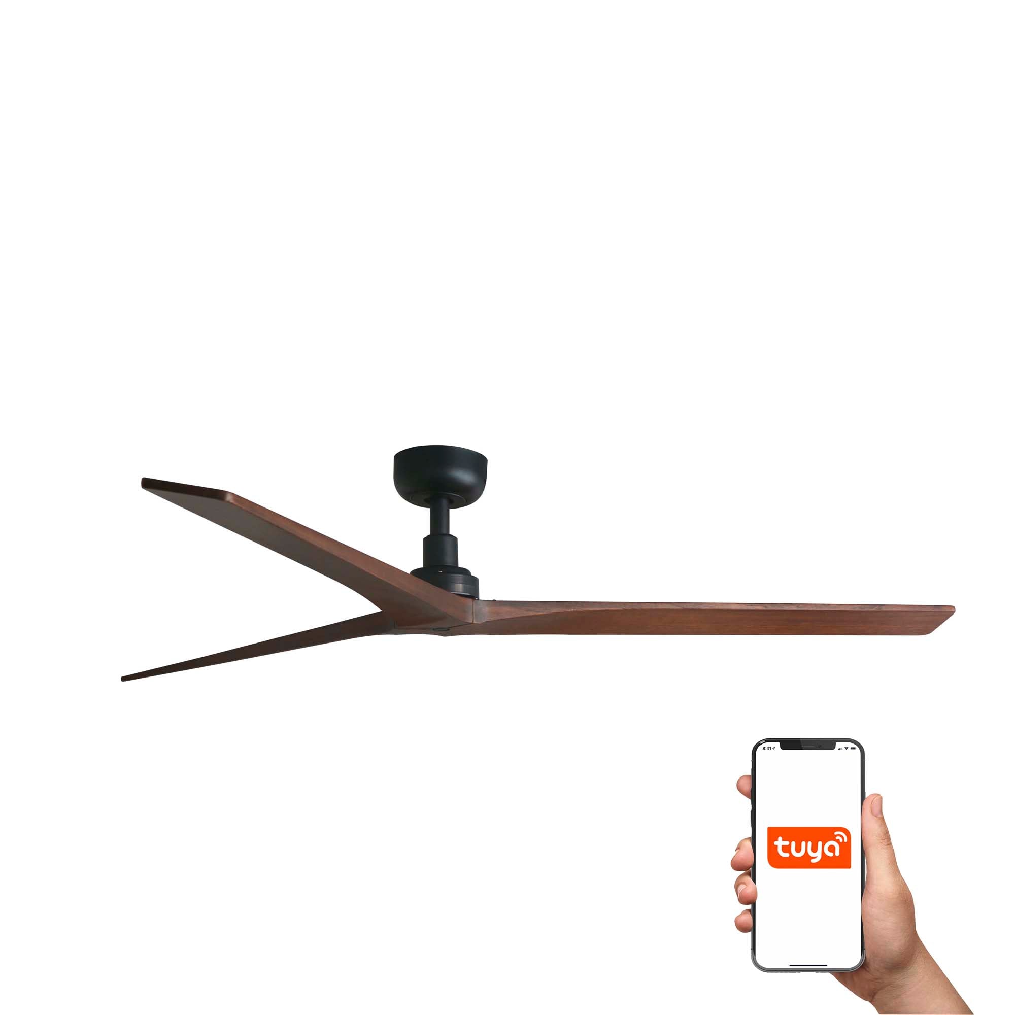 Ventilador de techo KLIM L negro y nogal oscuro FARO 34276WT, motor DC sin luz, madera pino, Tuya Smart, ideal para ventilación en hogar moderno y techos inclinados.