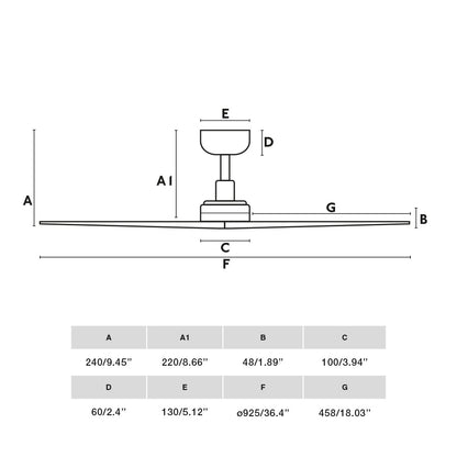 Diagrama de medidas del ventilador de techo KLIM S Negro/Nogal de FARO (modelo 34278): dimensiones de aspas de madera en nogal oscuro, diámetro de 107 cm ideal para habitaciones pequeñas, altura total con motor DC sin luz, ventilación eficiente y mando a distancia incluido.