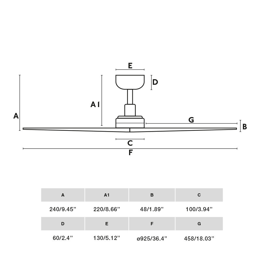 Diagrama de medidas y dimensiones del ventilador de techo KLIM S negro/nogal oscuro FARO 34278WW, ventilación sin luz en madera y acero, con mando a distancia para hogares en verano y techos inclinados
